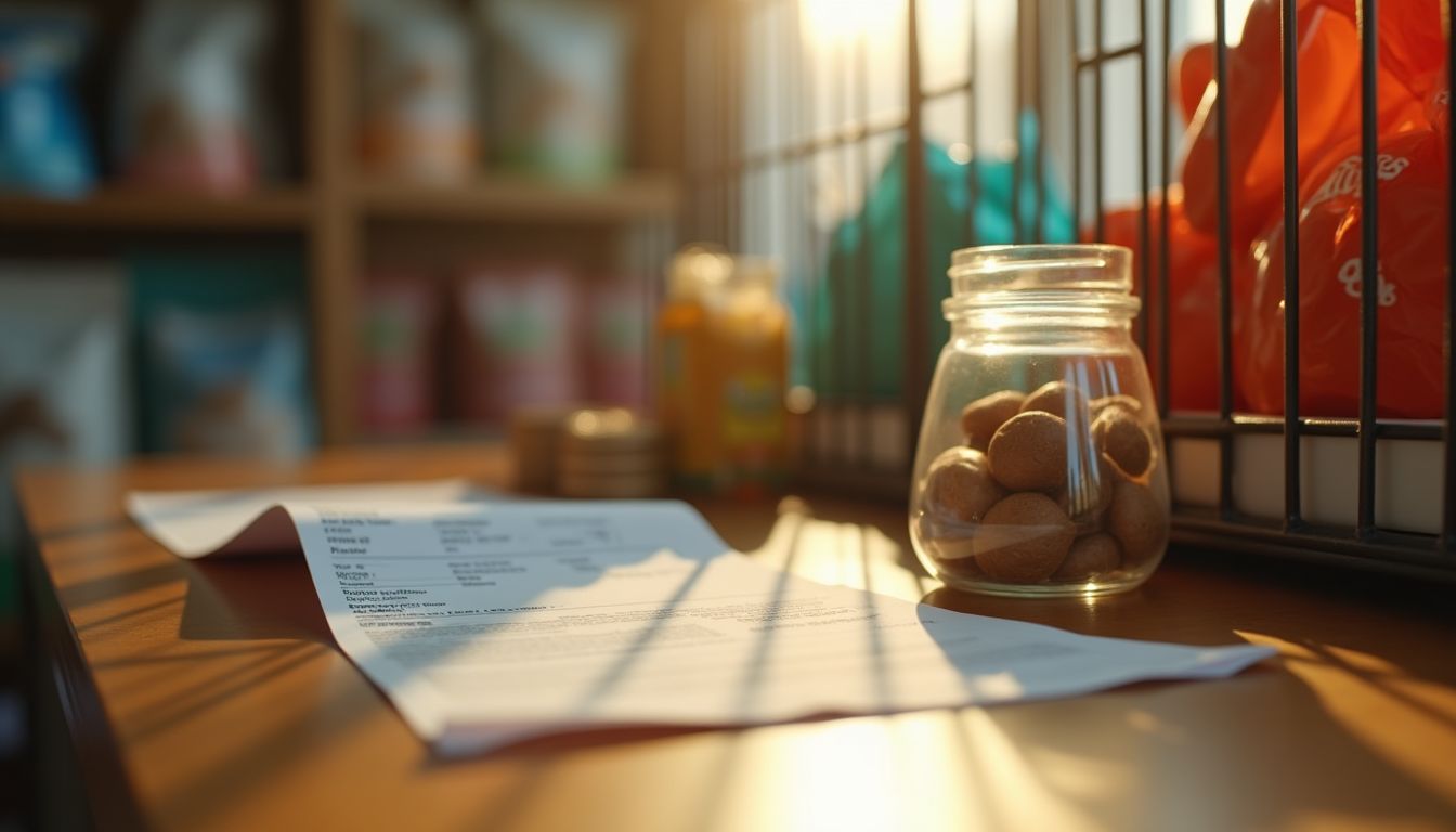A soft-lit desk with a small budget notebook, a water bowl and a bag of hay beside a rabbit hutch, lilac evening light, calm planning mood — small-pet costs and commitment guide