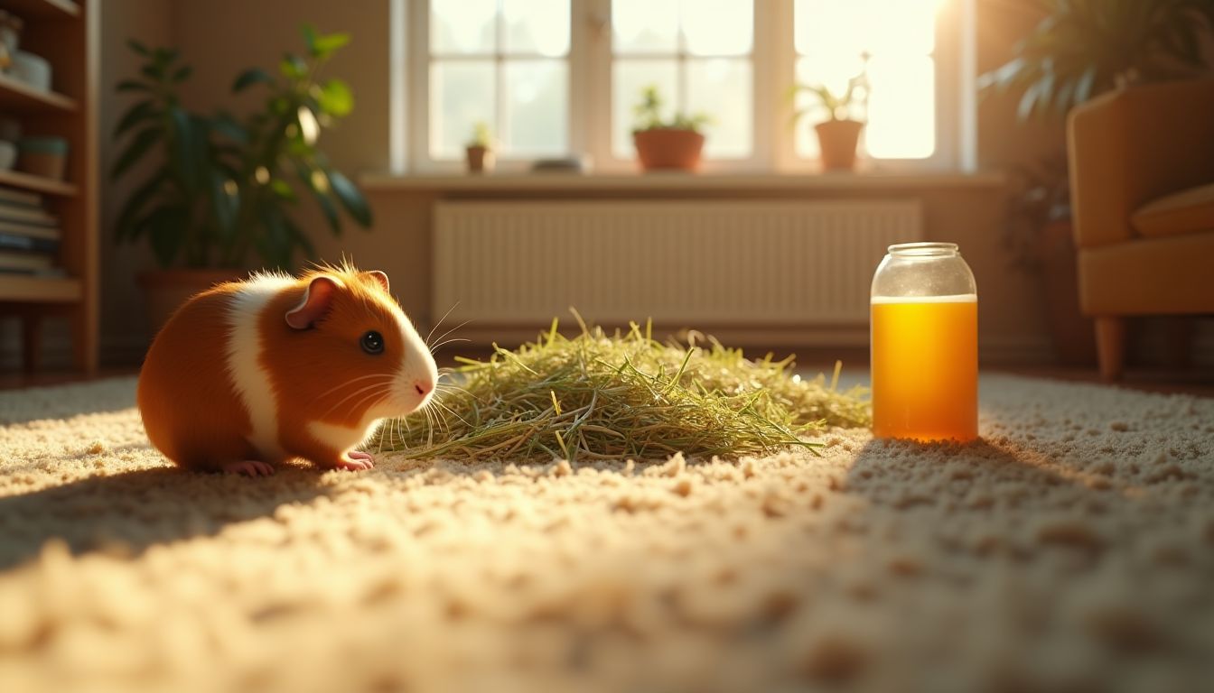 A clean guinea-pig cage with fresh bedding, a thermometer and a spray bottle on a bench in gentle morning light, tidy care mood — small-pet housing and daily care guide